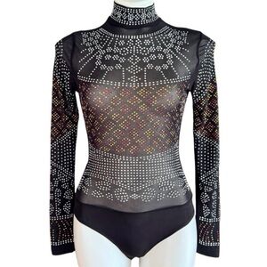 Sheer Rhinestone Mesh Bodysuit Festival Rave Clubwear Black S